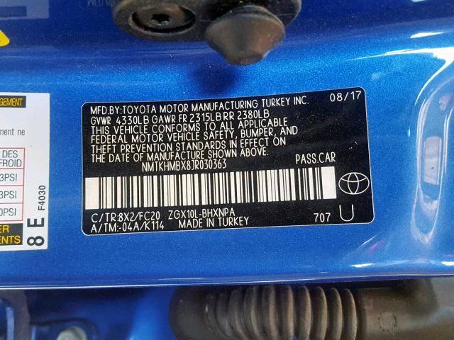 NMTKHMBX8JR030363 - 2018 TOYOTA C-HR XLE BLUE photo 10