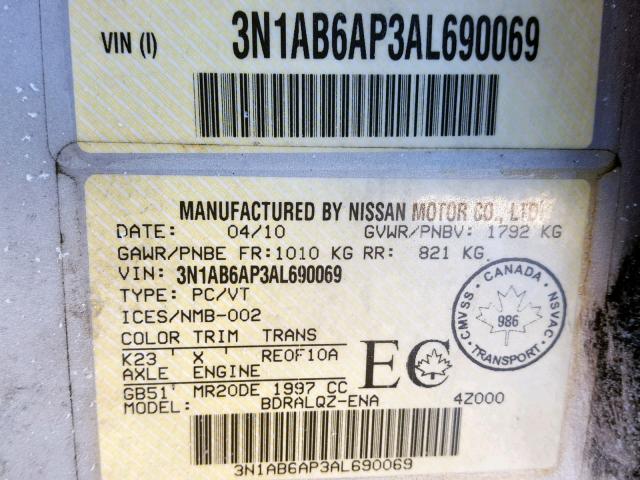 3N1AB6AP3AL690069 - 2010 NISSAN SENTRA 2.0 SILVER photo 10