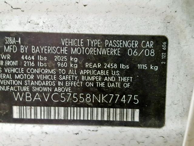 WBAVC57558NK77475 - 2008 BMW 328 I SULE WHITE photo 10