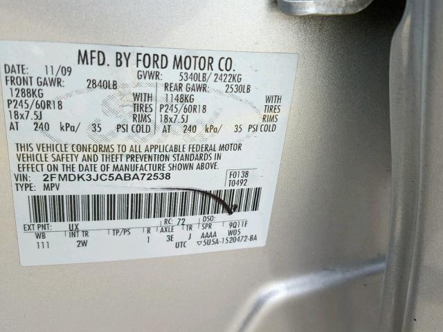 2FMDK3JC5ABA72538 - 2010 FORD EDGE SEL SILVER photo 10