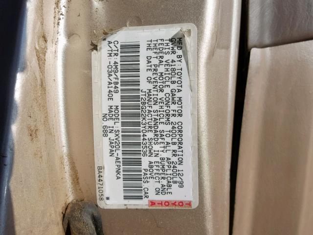 JT2BG22K3Y0443536 - 2000 TOYOTA CAMRY CE TAN photo 10