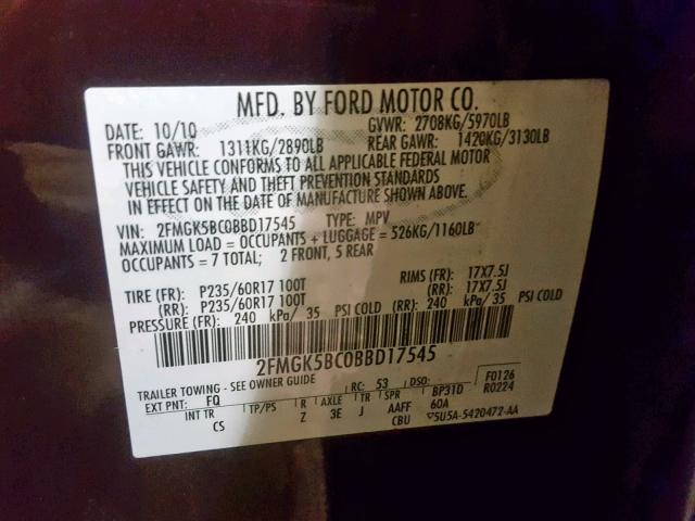 2FMGK5BC0BBD17545 - 2011 FORD FLEX SE MAROON photo 10