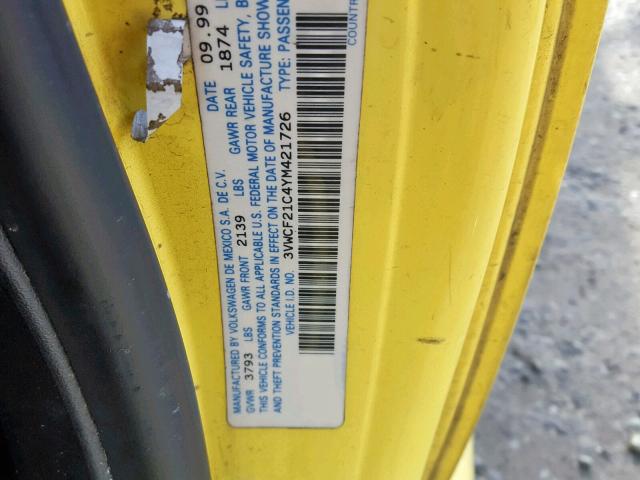 3VWCF21C4YM421726 - 2000 VOLKSWAGEN NEW BEETLE Sarı foto 10