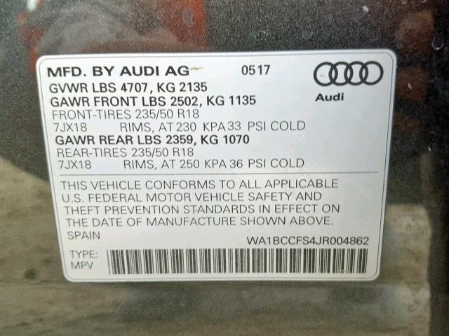 WA1BCCFS4JR004862 - 2018 AUDI Q3 PREMIUM GRAY photo 10