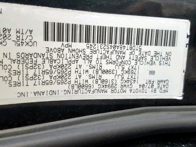 5TDBT48A04S231245 - 2004 TOYOTA SEQUOIA LI BLACK photo 10