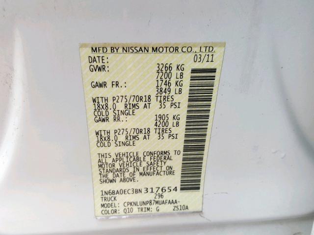 1N6BA0EC3BN317654 - 2011 NISSAN TITAN S WHITE photo 10