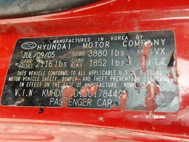 KMHDN46D15U178449 - 2005 HYUNDAI ELANTRA GL RED photo 10