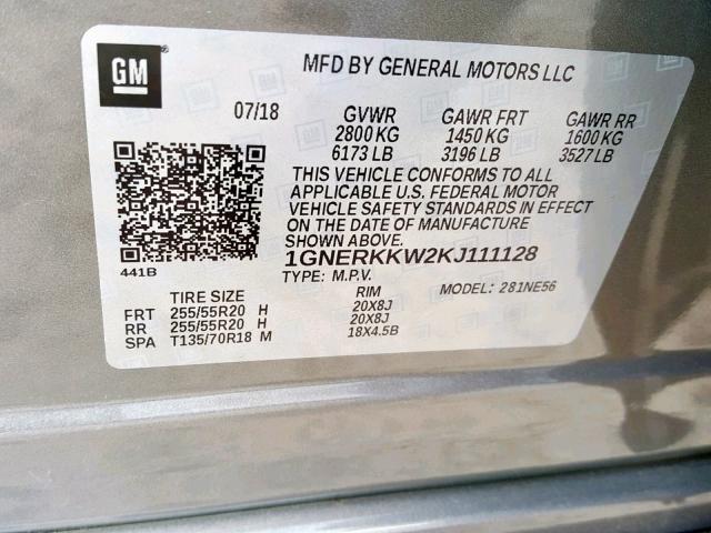 1GNERKKW2KJ111128 - 2019 CHEVROLET TRAVERSE P GRAY photo 10