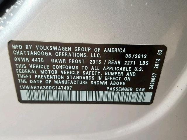 1VWAH7A30DC147497 - 2013 VOLKSWAGEN PASSAT S SILVER photo 10