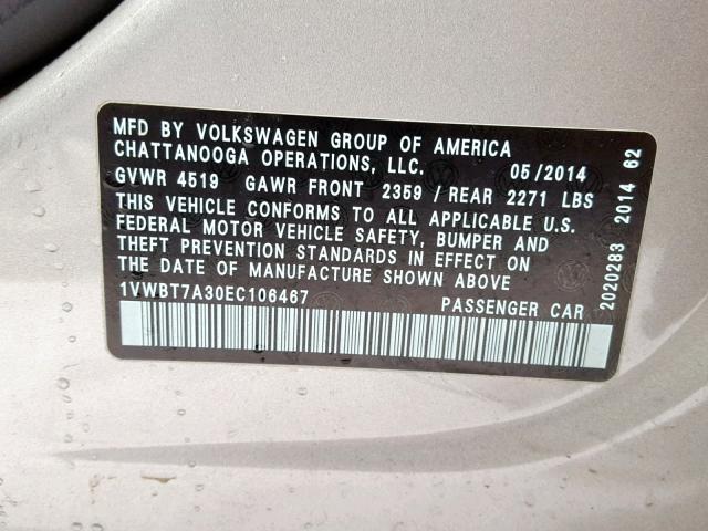 1VWBT7A30EC106467 - 2014 VOLKSWAGEN PASSAT SE SILVER photo 10