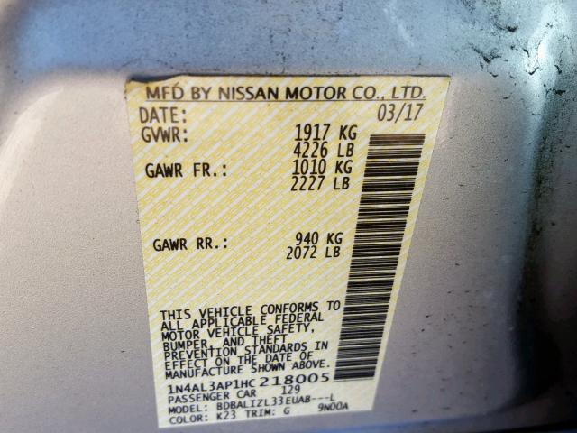 1N4AL3AP1HC218005 - 2017 NISSAN ALTIMA 2.5 SILVER photo 10