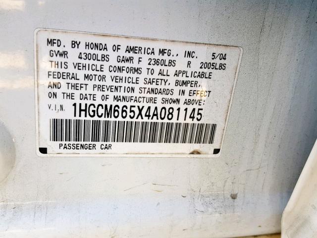 1HGCM665X4A081145 - 2004 HONDA ACCORD EX WHITE photo 10