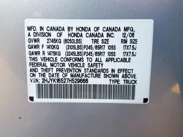 2HJYK16527H529666 - 2007 HONDA RIDGELINE SILVER photo 10