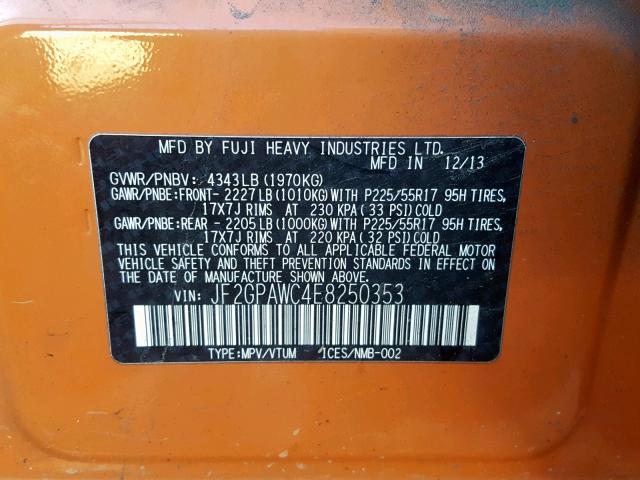 JF2GPAWC4E8250353 - 2014 SUBARU XV CROSSTR ORANGE photo 10