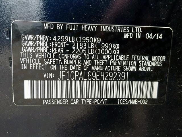 JF1GPAL69EH292391 - 2014 SUBARU IMPREZA SP Көк фото 10