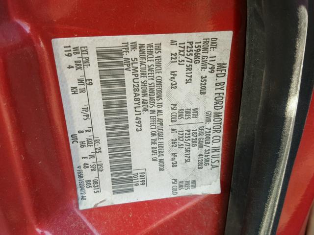 5LMPU28A8YLJ14973 - 2000 LINCOLN NAVIGATOR RED photo 10