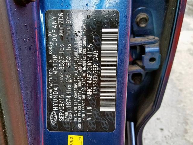 KMHCT4AE2GU014115 - 2016 HYUNDAI ACCENT SE BLUE photo 10