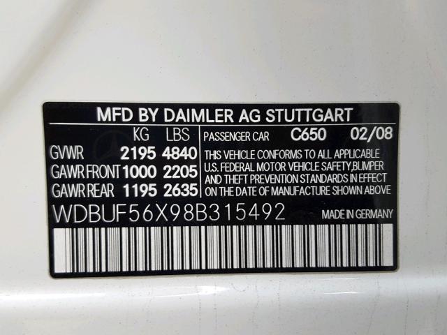 WDBUF56X98B315492 - 2008 MERCEDES-BENZ E 350 WHITE photo 10