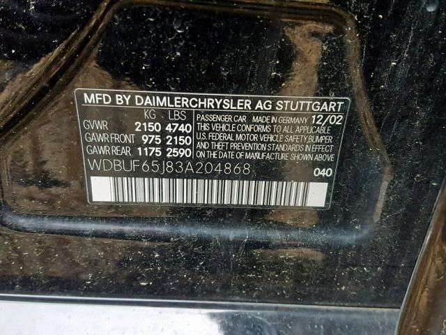 WDBUF65J83A204868 - 2003 MERCEDES-BENZ E 320 BLACK photo 10