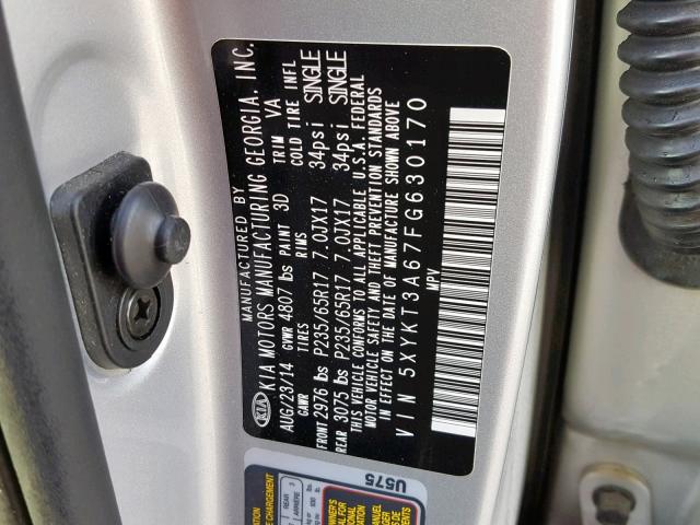 5XYKT3A67FG630170 - 2015 KIA SORENTO LX SILVER photo 10