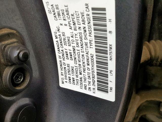 2HGFB2F97FH530042 - 2015 HONDA CIVIC EXL GRAY photo 10