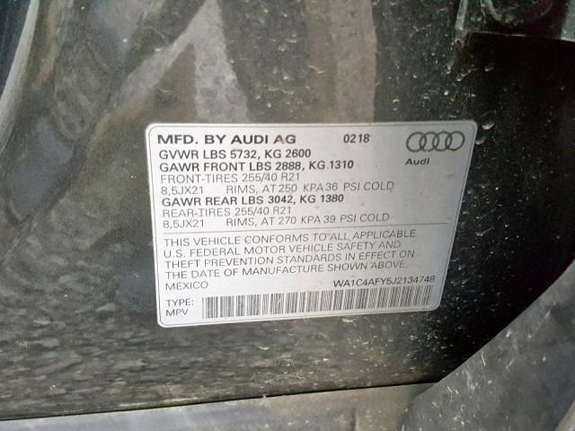 WA1C4AFY5J2134748 - 2018 AUDI SQ5 PRESTI GRAY photo 10