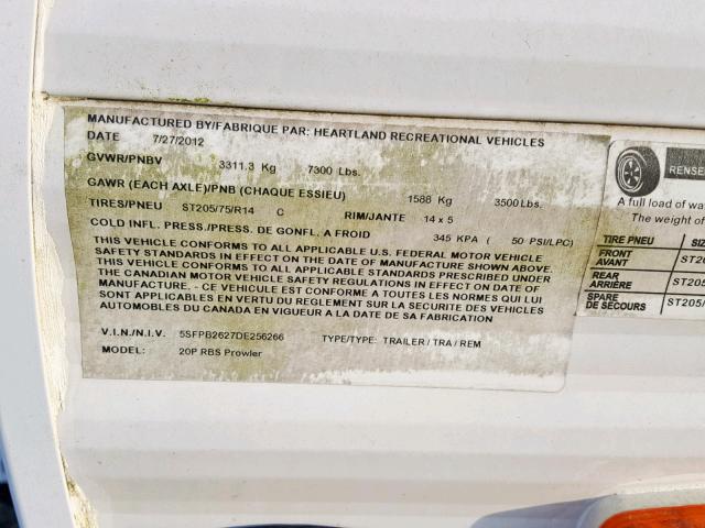 5SFPB2627DE256266 - 2013 HEART LAND PROWLER 白色 照片 10