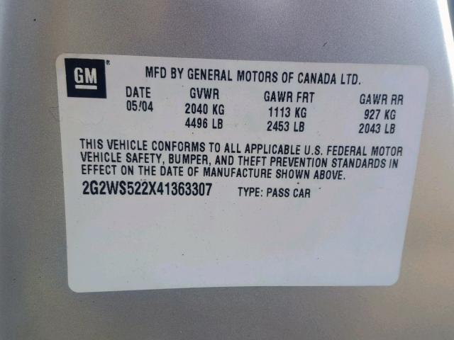 2G2WS522X41363307 - 2004 PONTIAC GRAND PRIX SILVER photo 10