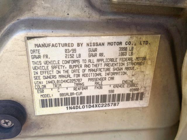 1N4DL01D4XC225787 - 1999 NISSAN ALTIMA XE GOLD photo 10