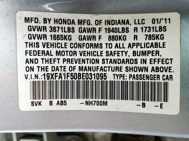 19XFA1F50BE031095 - 2011 HONDA CIVIC LX SILVER photo 10