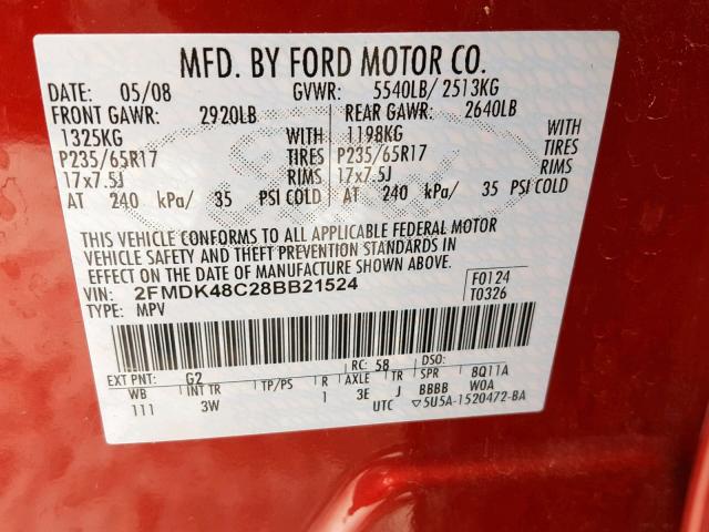 2FMDK48C28BB21524 - 2008 FORD EDGE SEL MAROON photo 10