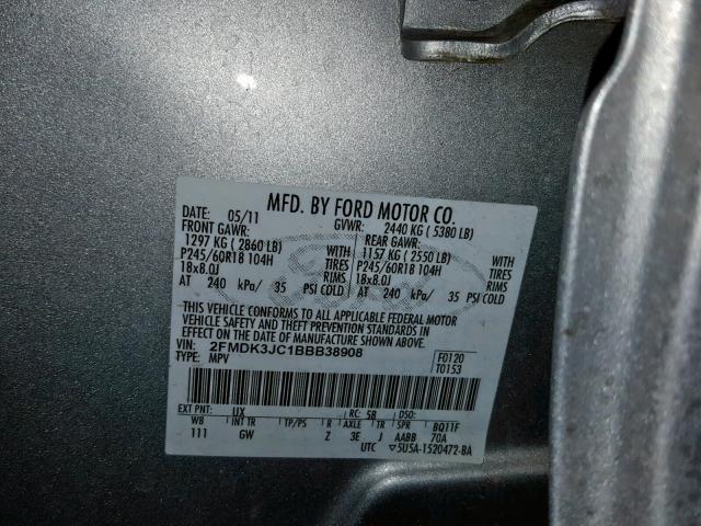 2FMDK3JC1BBB38908 - 2011 FORD EDGE SEL SILVER photo 10