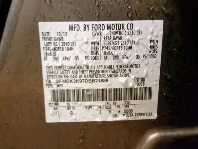 2FMDK3K97DBB21889 - 2013 FORD EDGE LIMIT BROWN photo 10