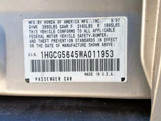 1HGCG5645WA011953 - 1998 HONDA ACCORD LX ვერცხლისფერი ფოტო 10