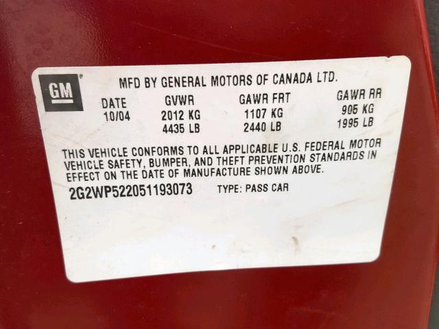 2G2WP522051193073 - 2005 PONTIAC GRAND PRIX RED photo 10