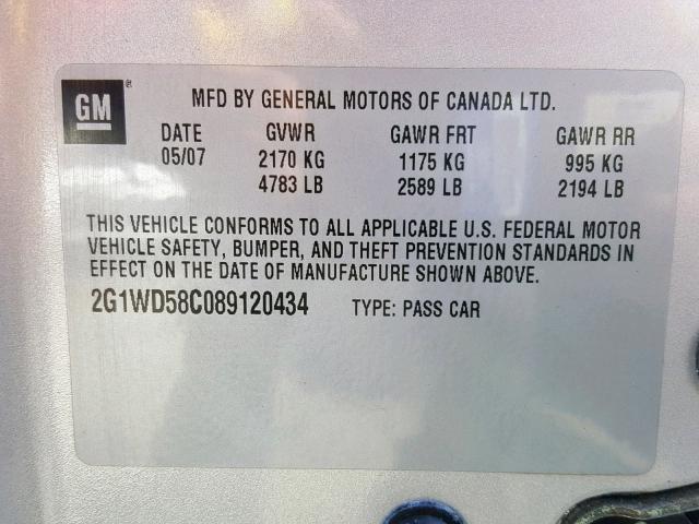 2G1WD58C089120434 - 2008 CHEVROLET IMPALA SUP ვერცხლისფერი ფოტო 10