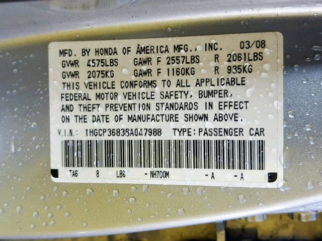 1HGCP36838A047988 - 2008 HONDA ACCORD EXL SILVER photo 10