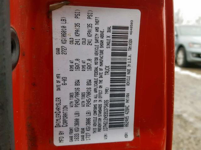 1D7HG12X93S375026 - 2003 DODGE DAKOTA SXT RED photo 10