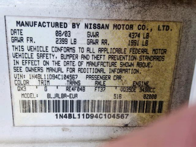 1N4BL11D94C104567 - 2004 NISSAN ALTIMA SE WHITE photo 10