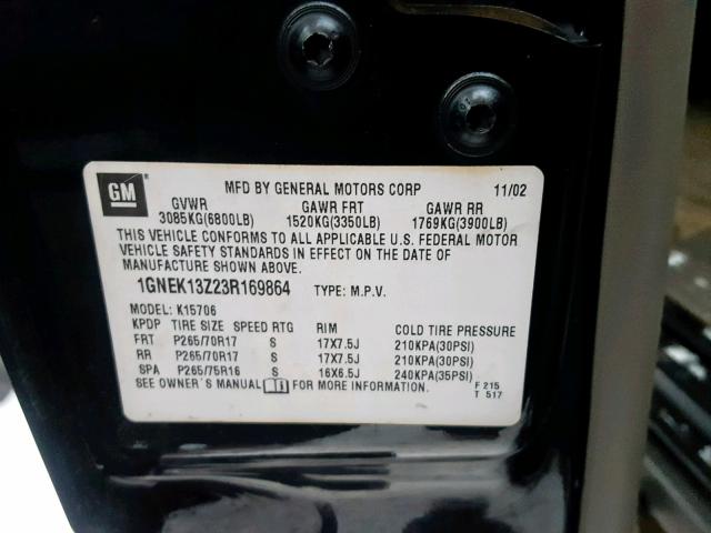 1GNEK13Z23R169864 - 2003 CHEVROLET TAHOE K150 BLACK photo 10