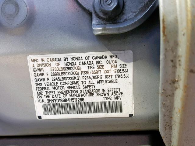 2HNYD18984H517266 - 2004 ACURA MDX TOURIN SILVER photo 10