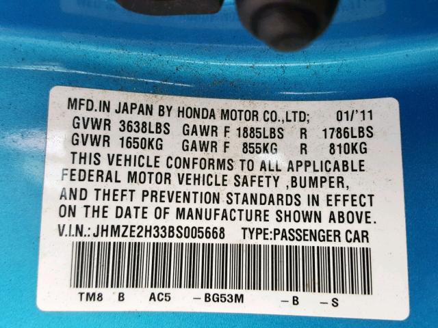 JHMZE2H33BS005668 - 2011 HONDA INSIGHT BLUE photo 10