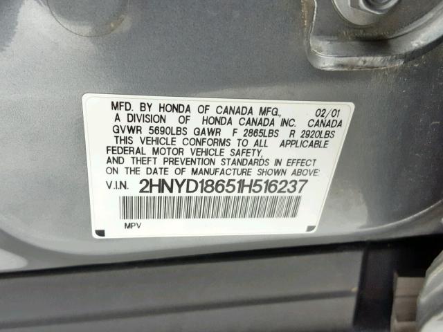 2HNYD18651H516237 - 2001 ACURA MDX TOURIN GRAY photo 10