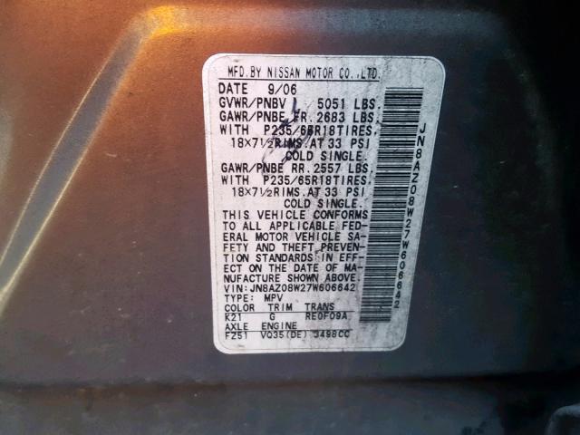 JN8AZ08W27W606642 - 2007 NISSAN MURANO SL 灰色 照片 10