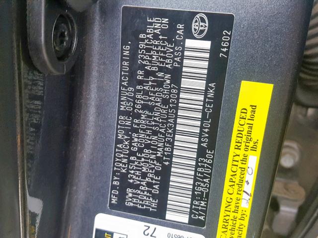 4T1BF3EK3AU513087 - 2010 TOYOTA CAMRY GRAY photo 10