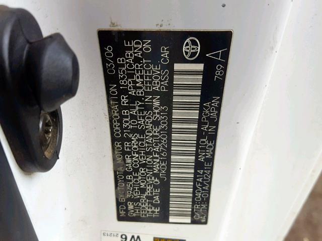 JTKDE167260130313 - 2006 TOYOTA SCION TC 白色 照片 10