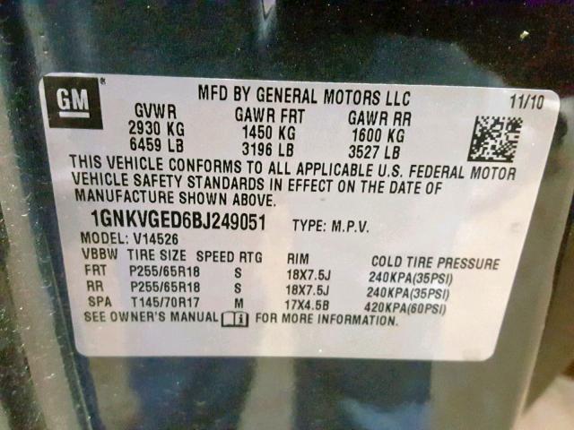 1GNKVGED6BJ249051 - 2011 CHEVROLET TRAVERSE L GRAY photo 10