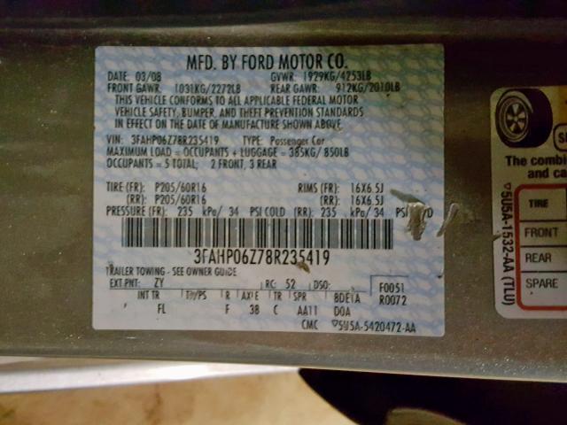 3FAHP06Z78R235419 - 2008 FORD FUSION S SILVER photo 10