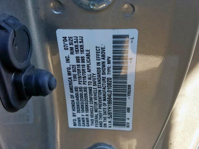 5J6YH18684L010820 - 2004 HONDA ELEMENT EX SILVER photo 10