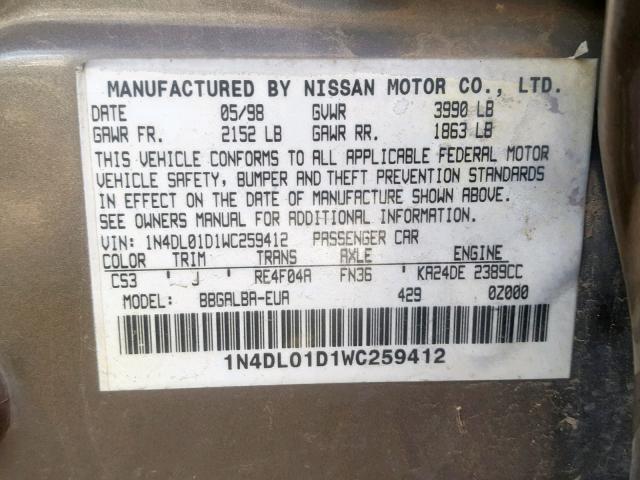 1N4DL01D1WC259412 - 1998 NISSAN ALTIMA XE GOLD photo 10